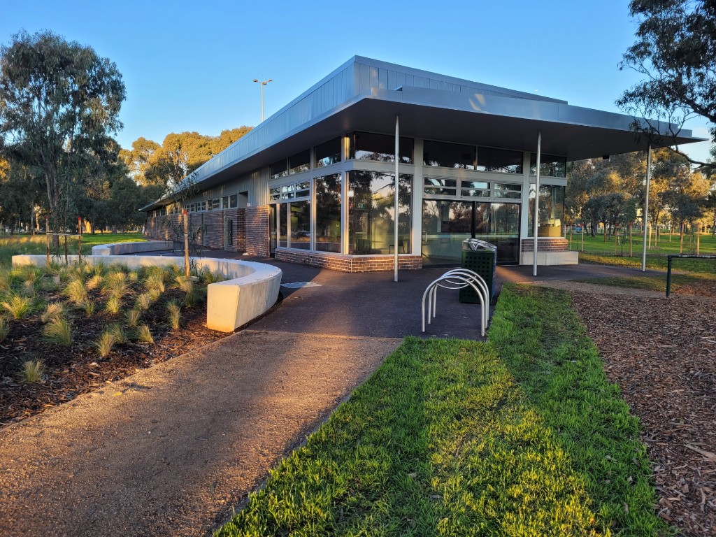 Pavilion entry and surrounds at dusk